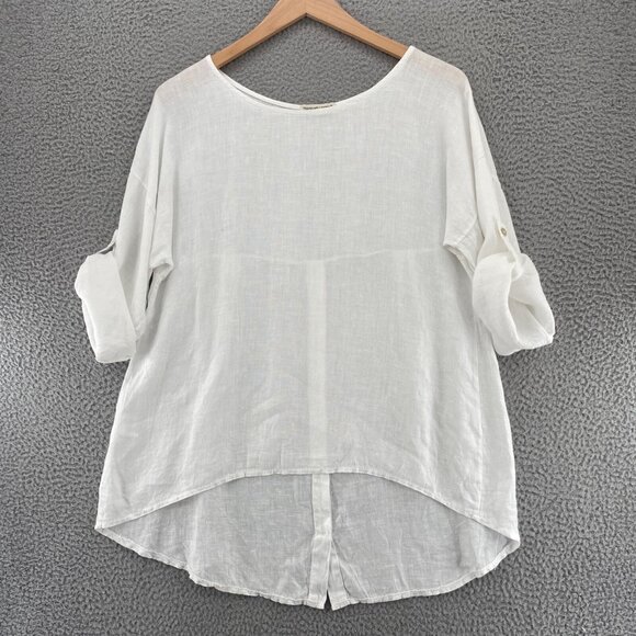 Terzo Millennio Top Womens Medium White Linen Long Roll Tab Sleeve Hi Low Tunic - Picture 2 of 11